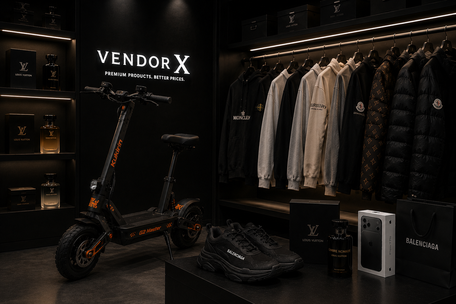 Dark-themed store interior with 'Vendor X' branding, electric scooter, and clothing racks.